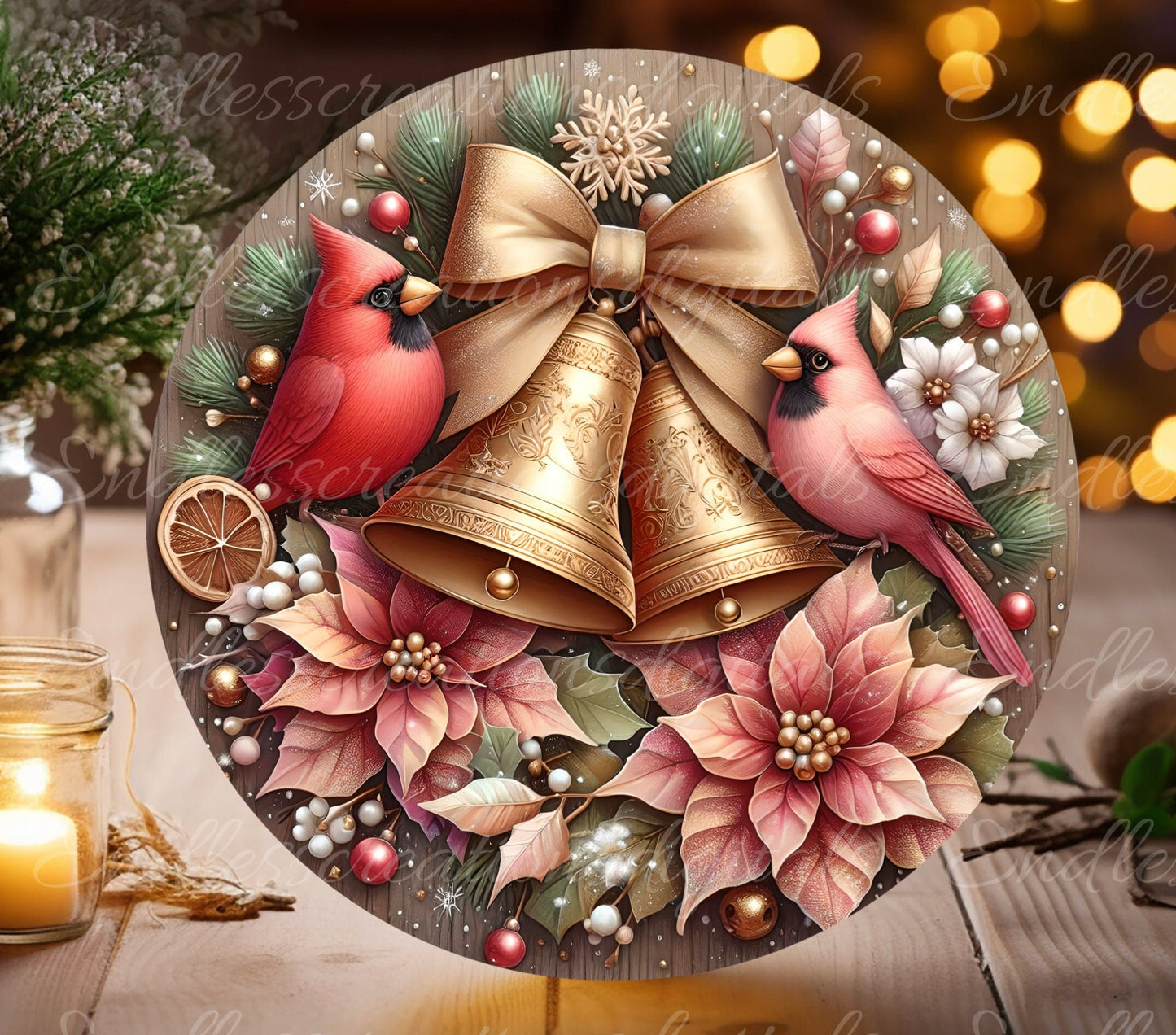 CARDINALS BELLS WINTER round door hanger, wreath sign, round cutting board, coasters etc,  for sublimation high resolution, can be resized