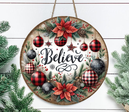 WINTER BELIEVE DOOR hanger, wreath sign, round cutting board png,  for sublimation high resolution, 2 files, 1 add your own text