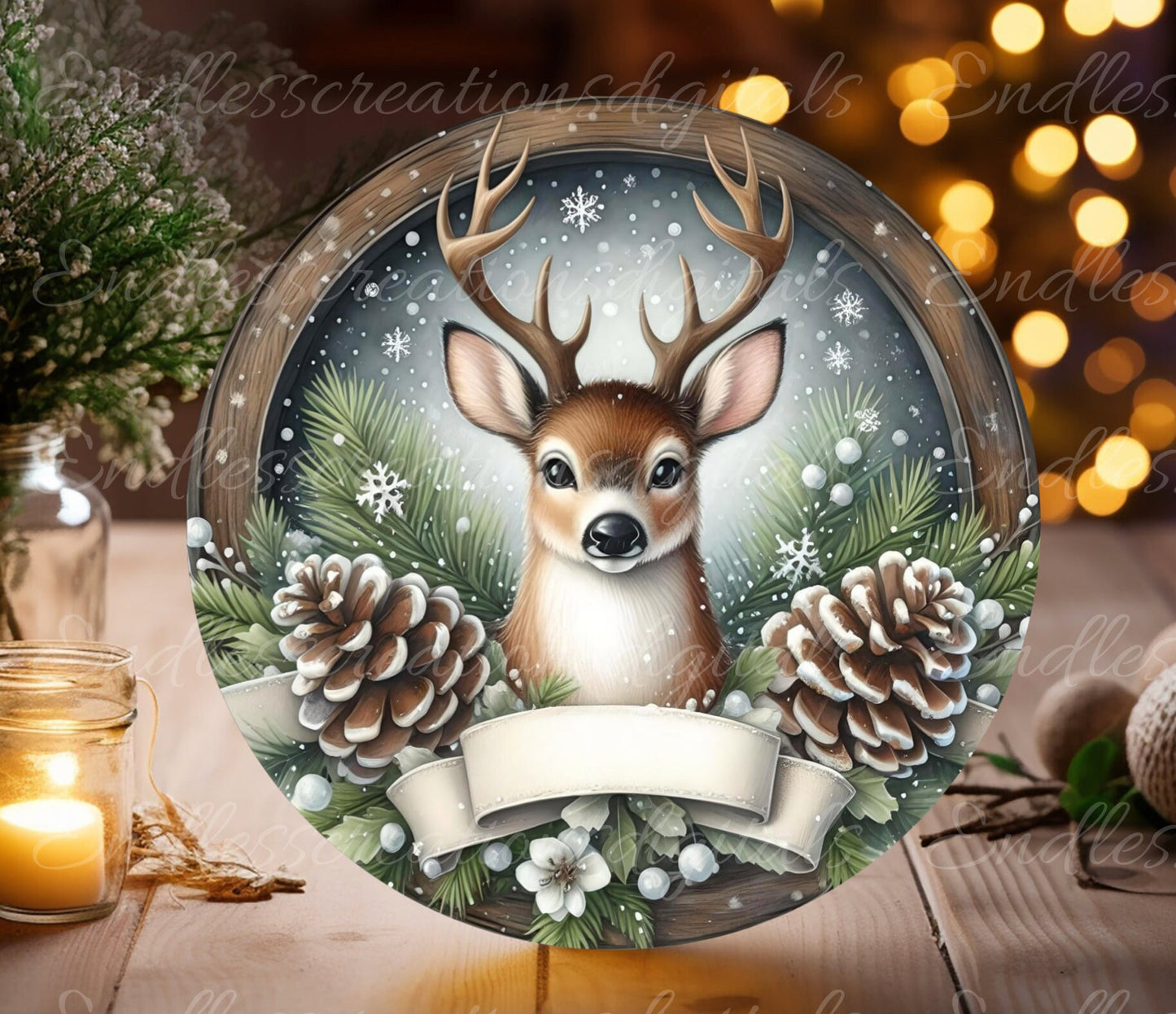 ROUND WINTER DEER door hanger, wreath sign, round cutting board, ornament etc. png,  for sublimation high resolution, can be resized