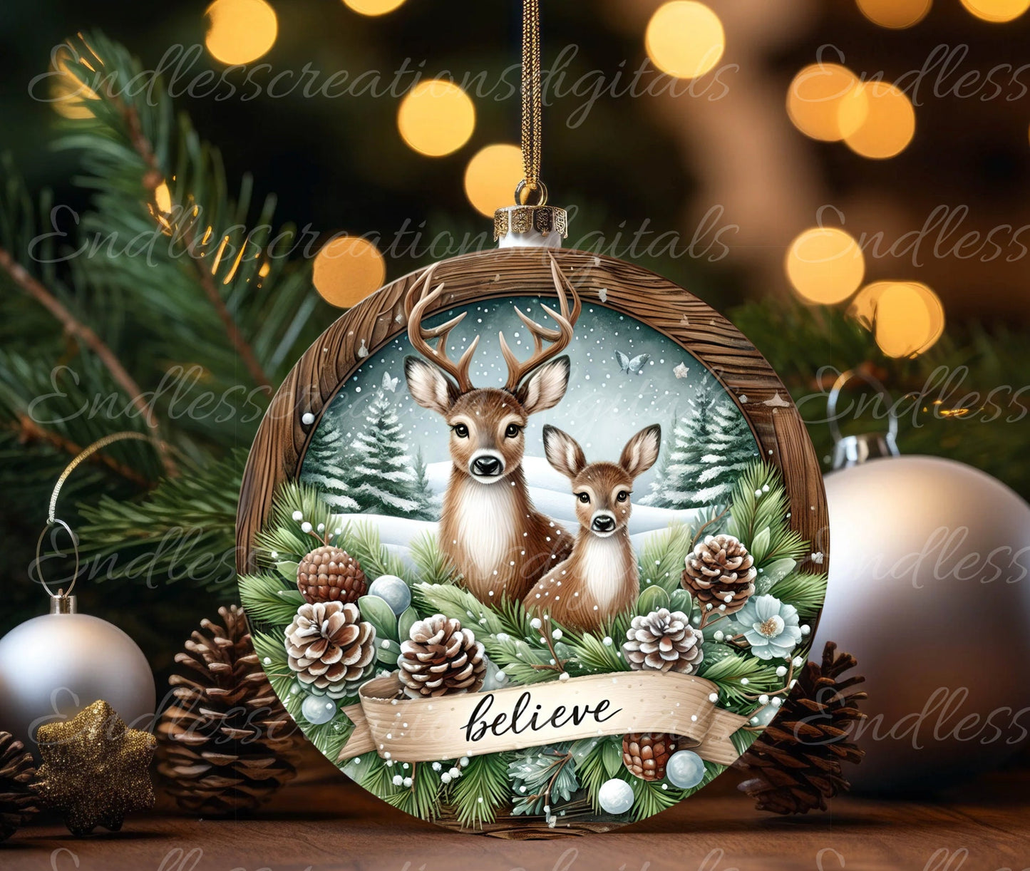 ROUND WINTER DEER door hanger, wreath sign, round cutting board, ornament etc. png,  for sublimation high resolution, 2 files, 1 add text