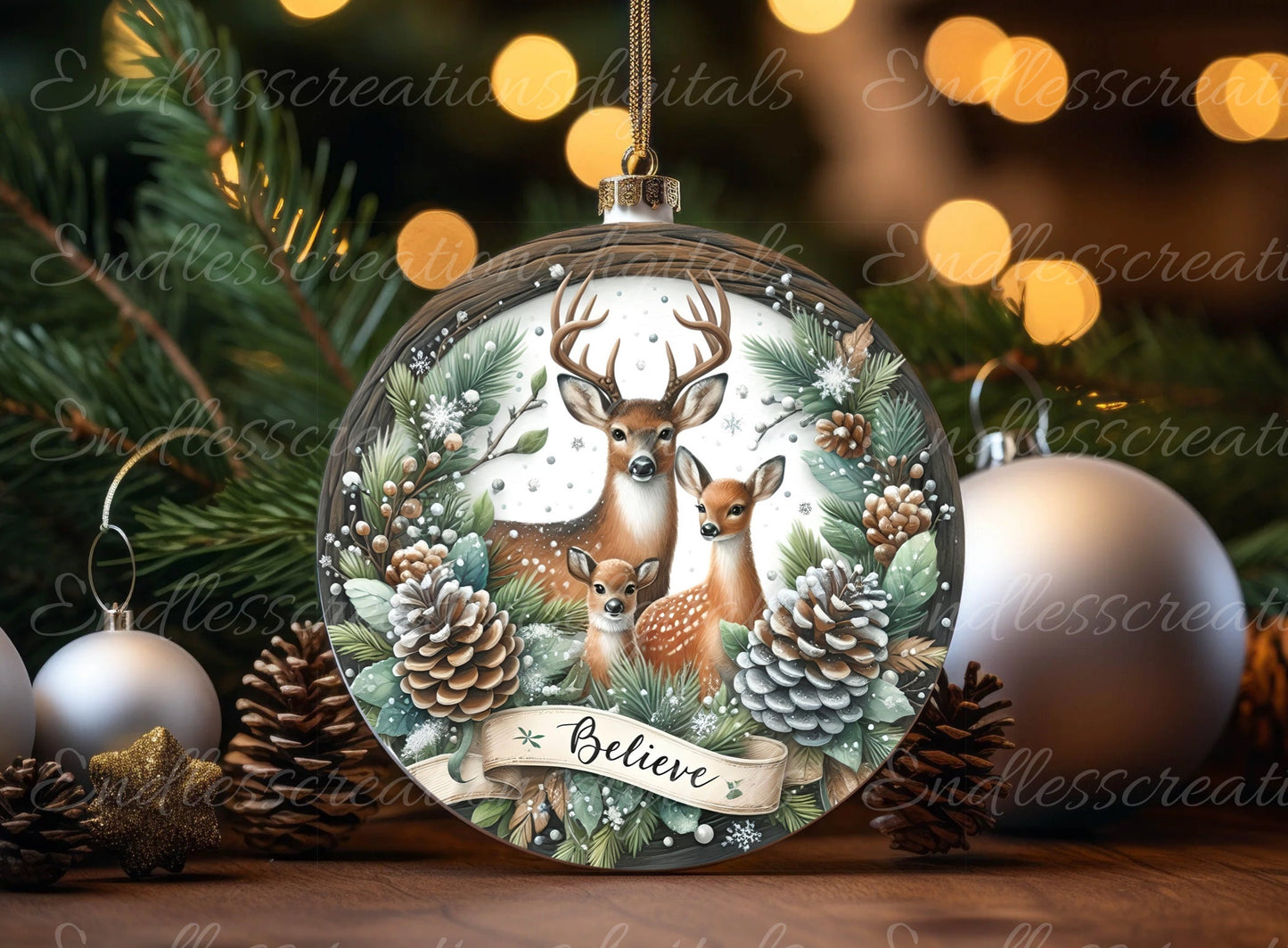 ROUND WINTER DEER door hanger, wreath sign, round cutting board, ornament etc. png,  for sublimation high resolution, 2 files, 1 add text