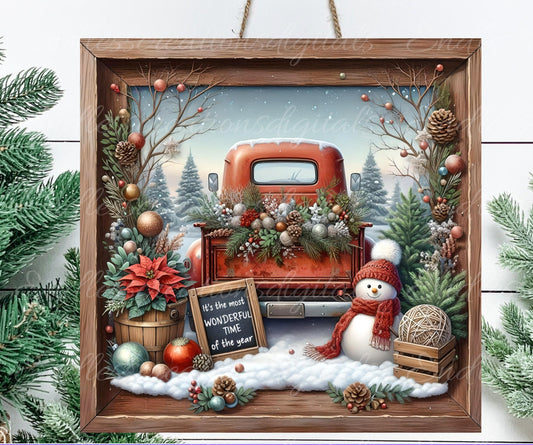 WINTER RED TRUCK square door hanger, wreath sign, square cutting board png, for sublimation high resolution, 1 add your own text