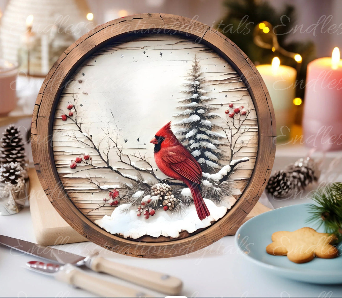 WINTER CARDINALS DOOR  hanger, wreath sign, round cutting board png, for sublimation,  1 add your own text