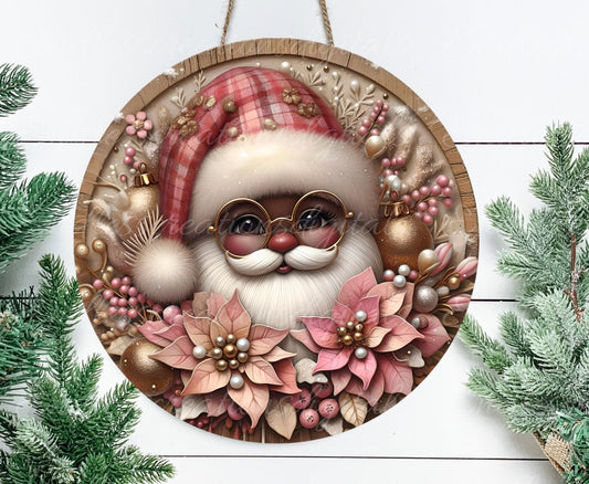 PINK SANTA DOOR hanger, wreath sign, round cutting board png, tree ornament for sublimation high resolution,