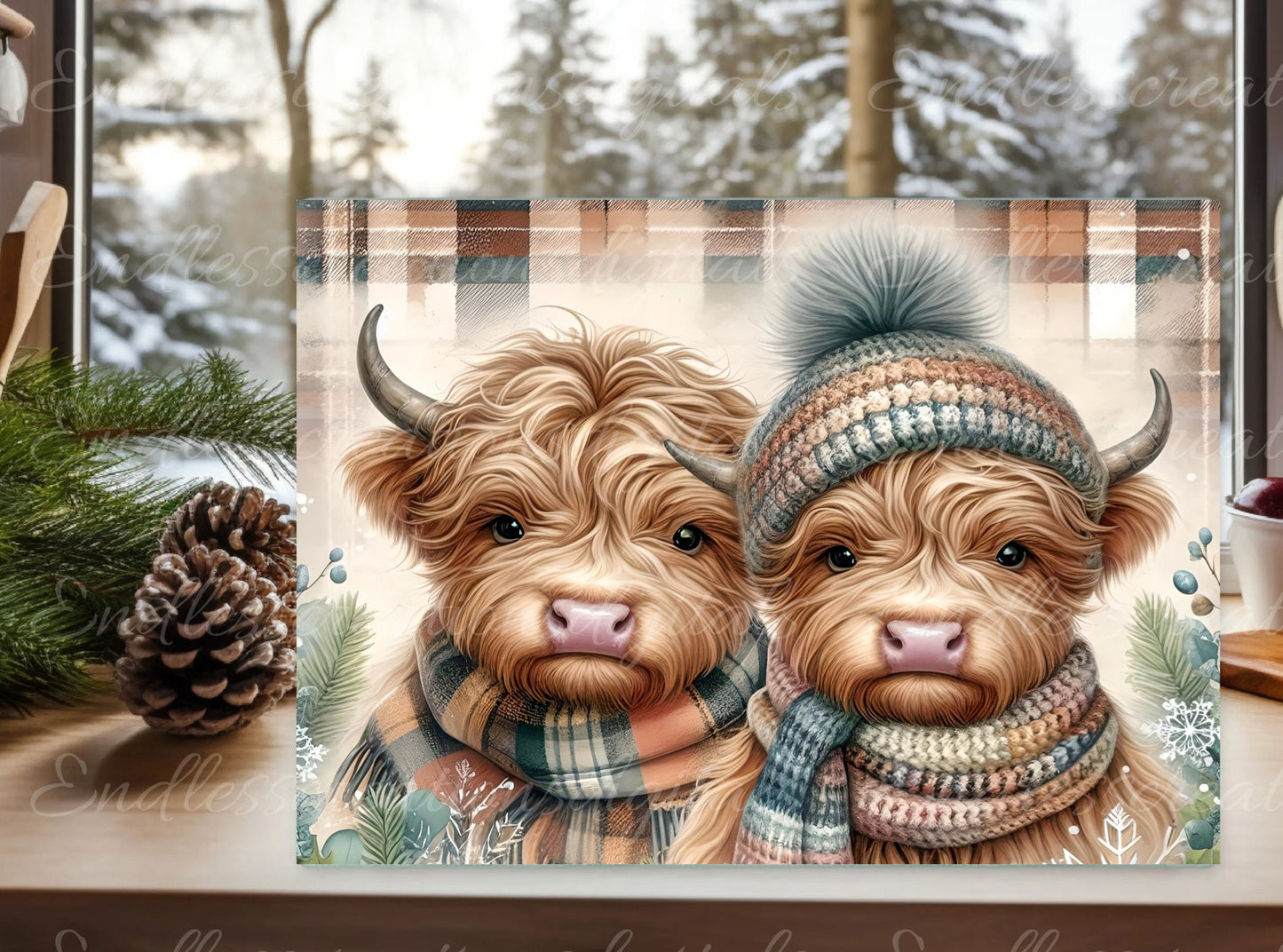 HIGHLAND COWS WINTER cutting board sublimation,  300 dpi high resolution, can be resized to fit both rectangular cutting board sizes