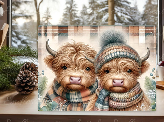 HIGHLAND COWS WINTER cutting board sublimation,  300 dpi high resolution, can be resized to fit both rectangular cutting board sizes