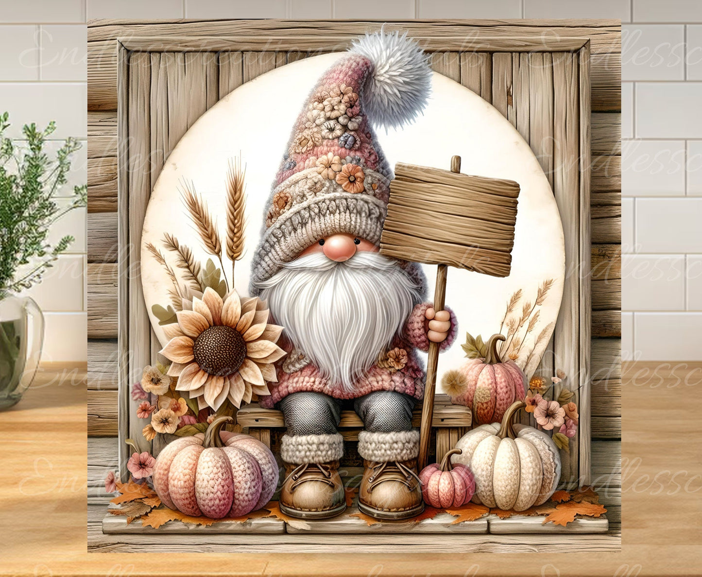 FALL GNOME SQUARE door hanger, wreath sign,  cutting board png, for sublimation high resolution 2 files for download, 1 add your own text
