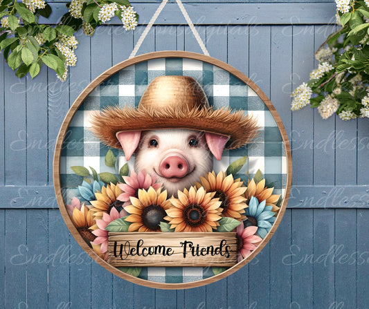 SUNFLOWER PIG SUBLIMATION door hanger, wreath sign, round cutting board png, for sublimation high resolution