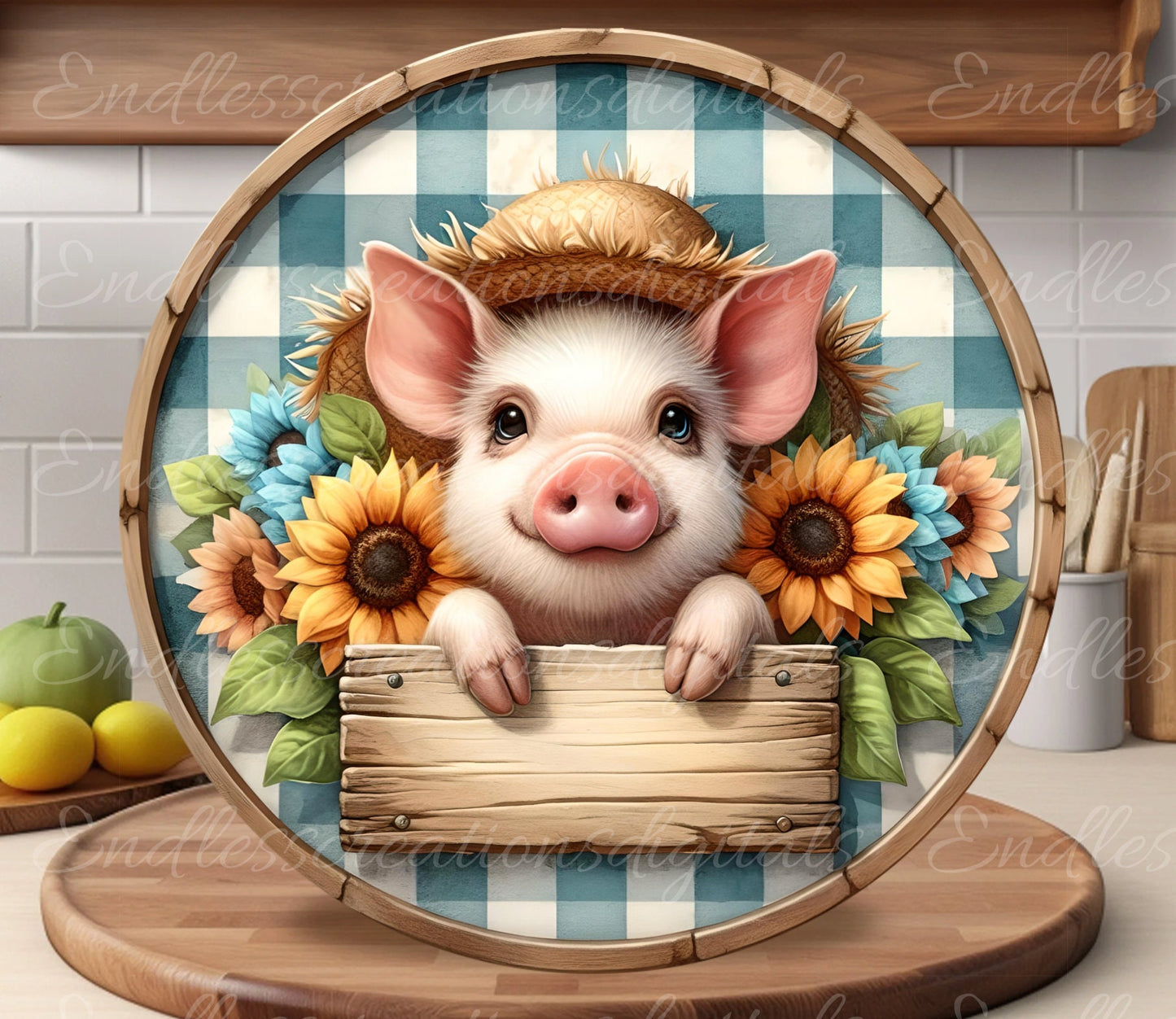SUNFLOWER PIG SUBLIMATION door hanger, wreath sign, round cutting board png, for sublimation high resolution