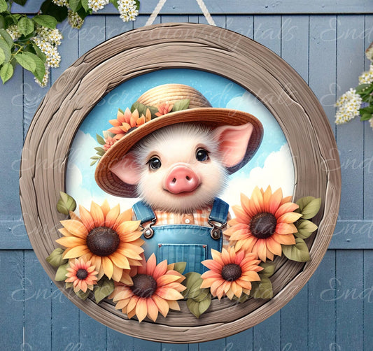 SUNFLOWER PIG SUBLIMATION door hanger, wreath sign, round cutting board png, for sublimation high resolution DIGITAL DOWNLOAD ONLY