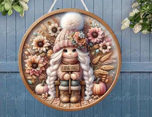 FALL GIRL GNOME door hanger, wreath sign, round cutting board png, for sublimation high resolution 2 files for download, 1 add your own text