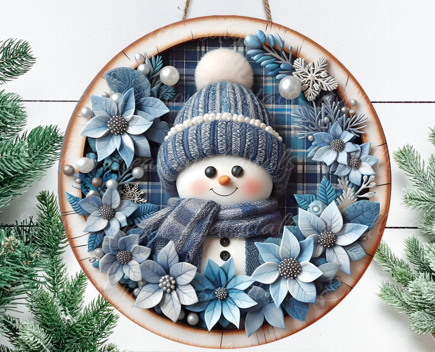 BLUE SNOWMAN DOOR hanger, wreath sign, round cutting board, tree ornament png,  for sublimation high resolution,