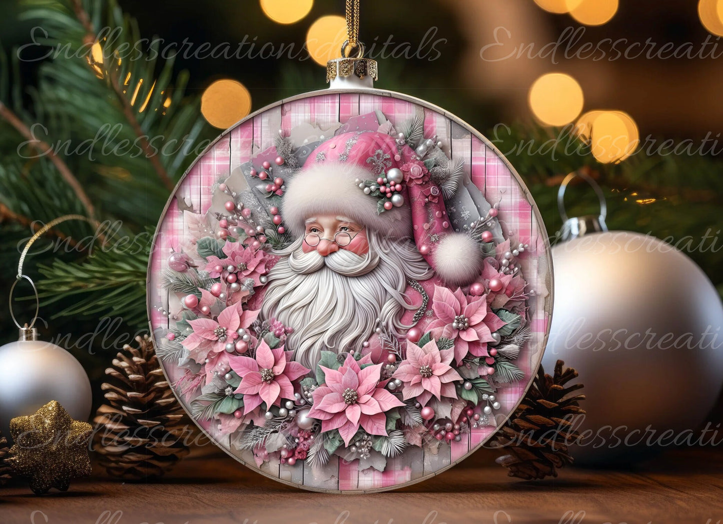 PINK SANTA DOOR hanger, wreath sign, round cutting board png, tree ornament for sublimation high resolution,