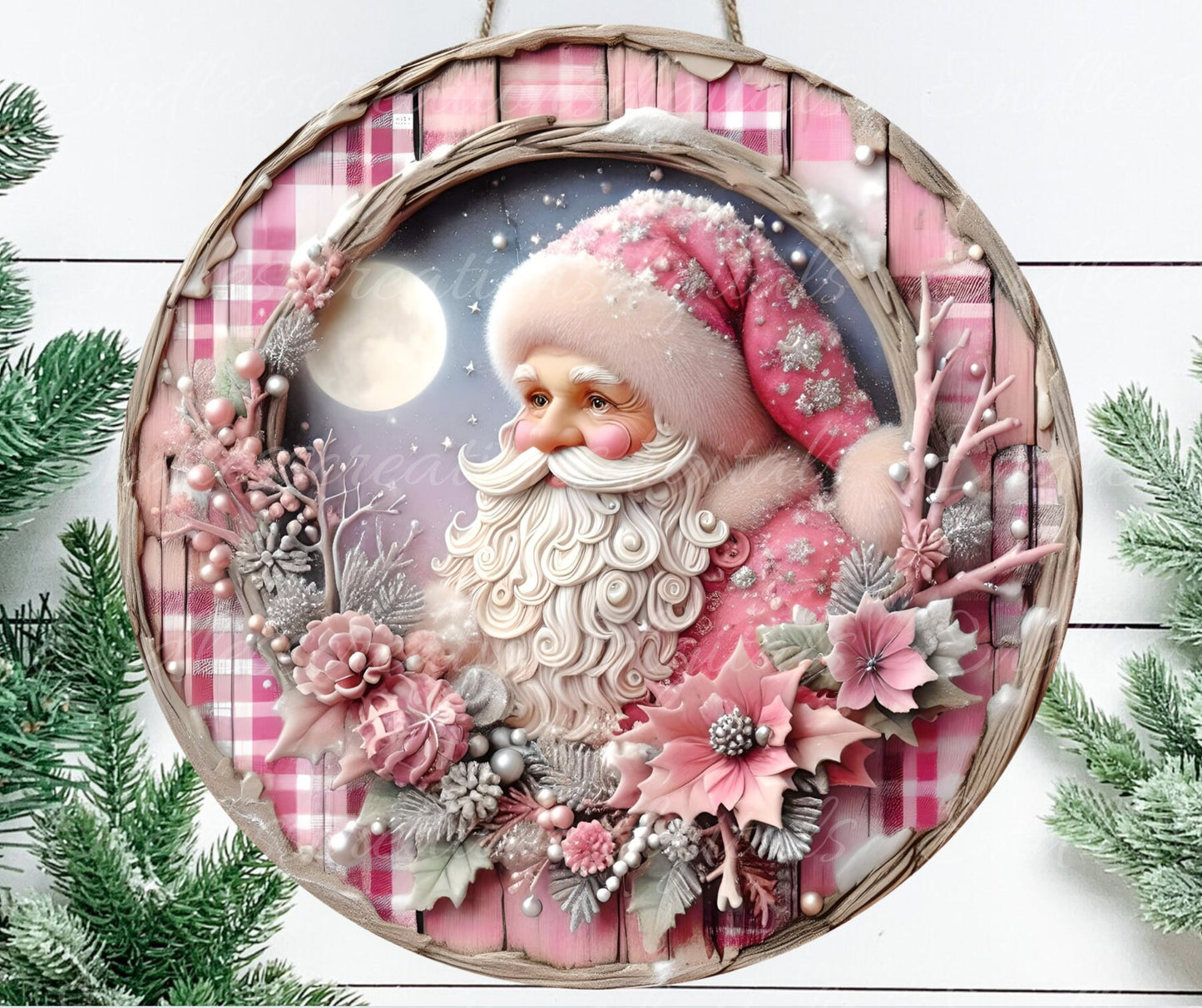 PINK SANTA DOOR hanger, wreath sign, round cutting board png, tree ornament for sublimation high resolution,