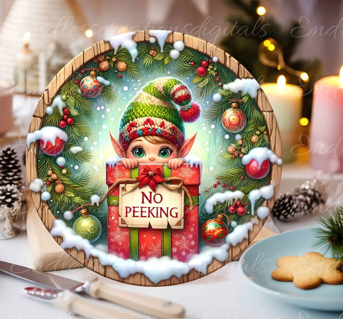 NO PEEKING ELF door hanger, wreath sign, round cutting board png, ornament for sublimation high resolution, 2 files  1 add your own text