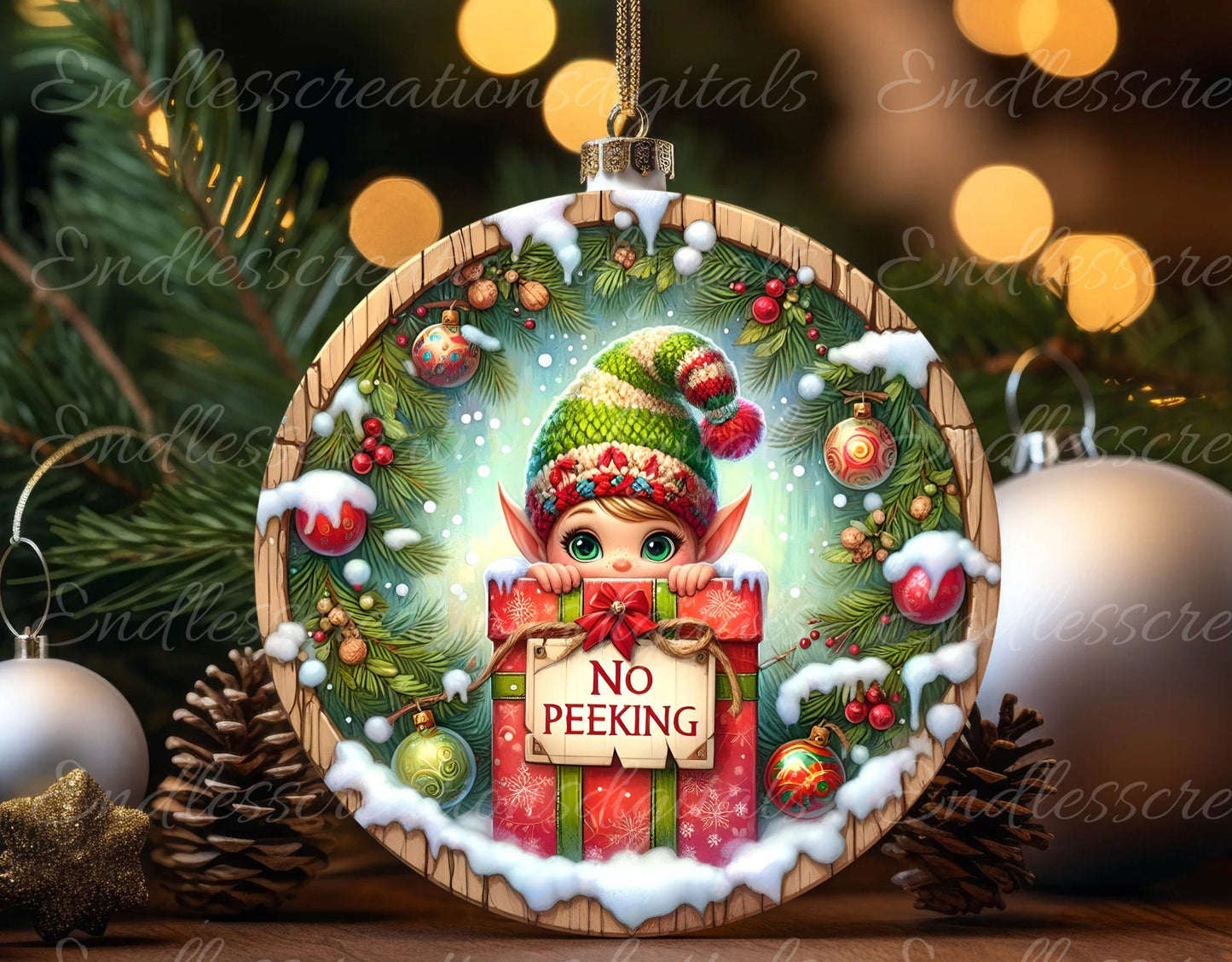 NO PEEKING ELF door hanger, wreath sign, round cutting board png, ornament for sublimation high resolution, 2 files  1 add your own text