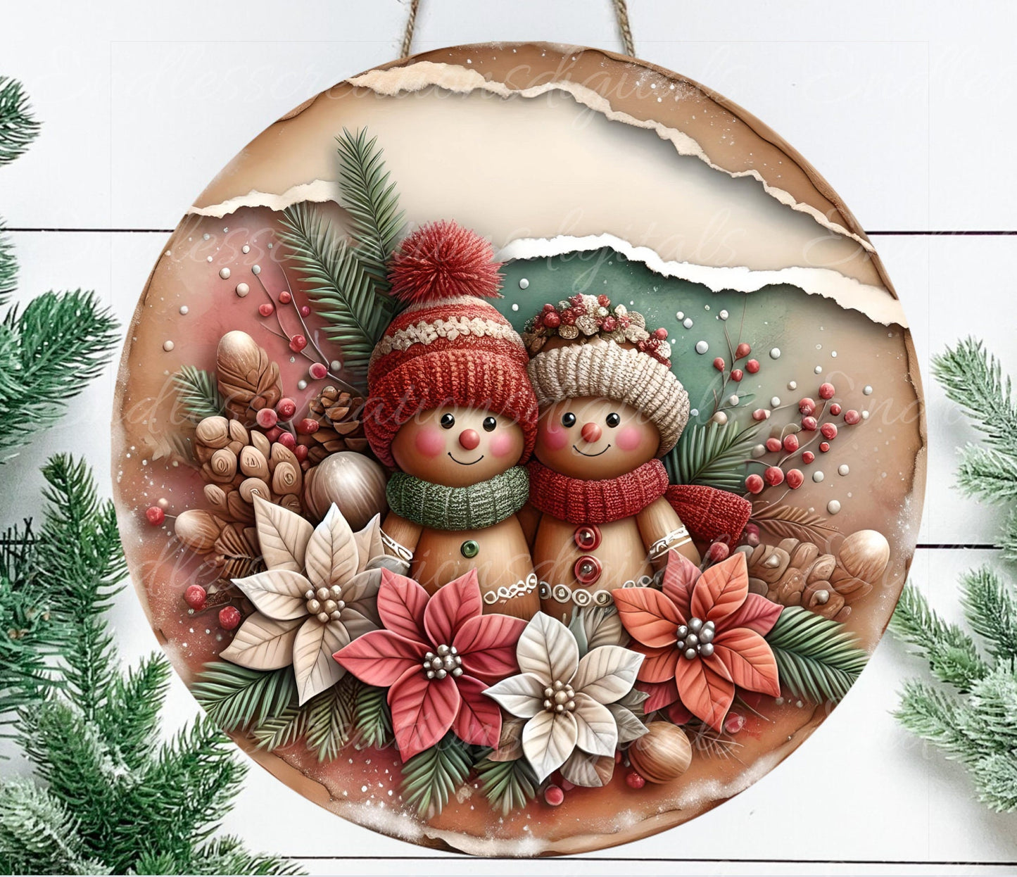 GINGERBREAD COUPLE DOOR hanger, wreath sign, round cutting board png, ornament for sublimation high resolution,