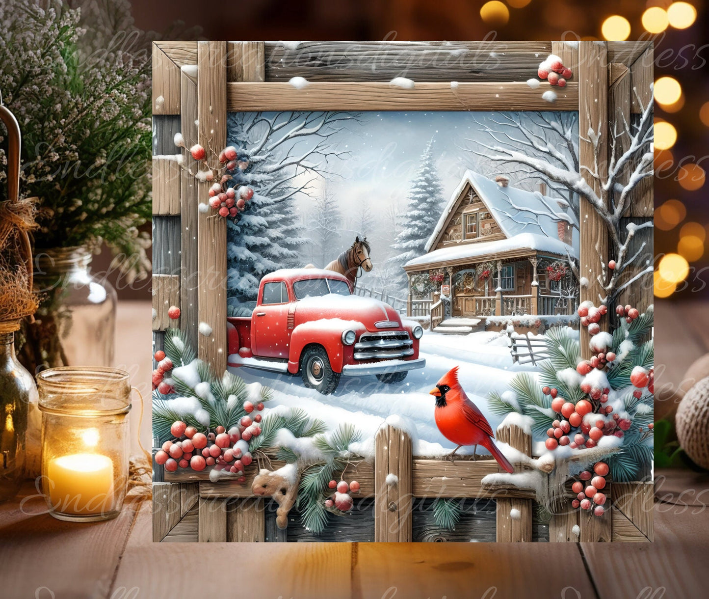 WINTER RED TRUCK square door hanger, wreath sign, square cutting board, coasters etc for sublimation high resolution 300 dpi