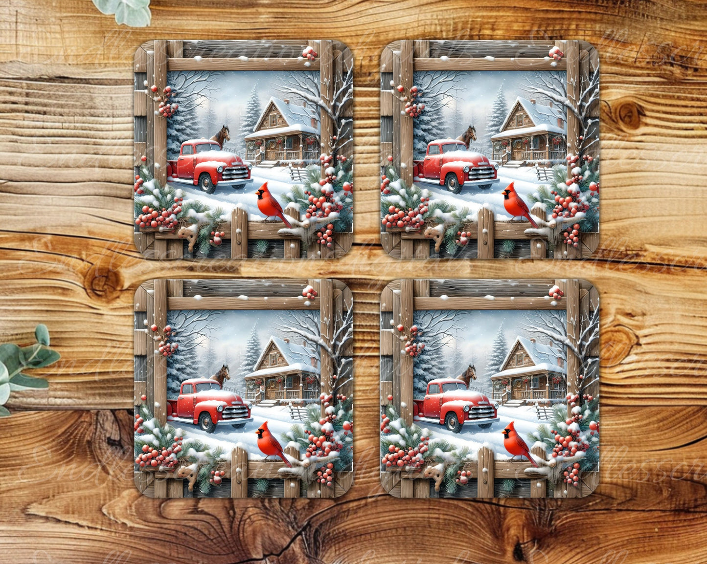 WINTER RED TRUCK square door hanger, wreath sign, square cutting board, coasters etc for sublimation high resolution 300 dpi