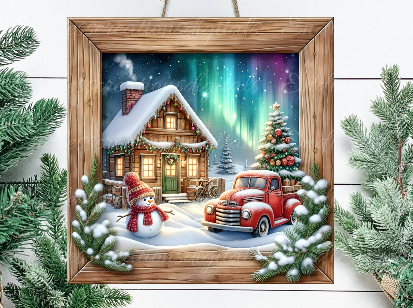 WINTER RED TRUCK square door hanger, wreath sign, square cutting board, coasters etc for sublimation high resolution 300 dpi