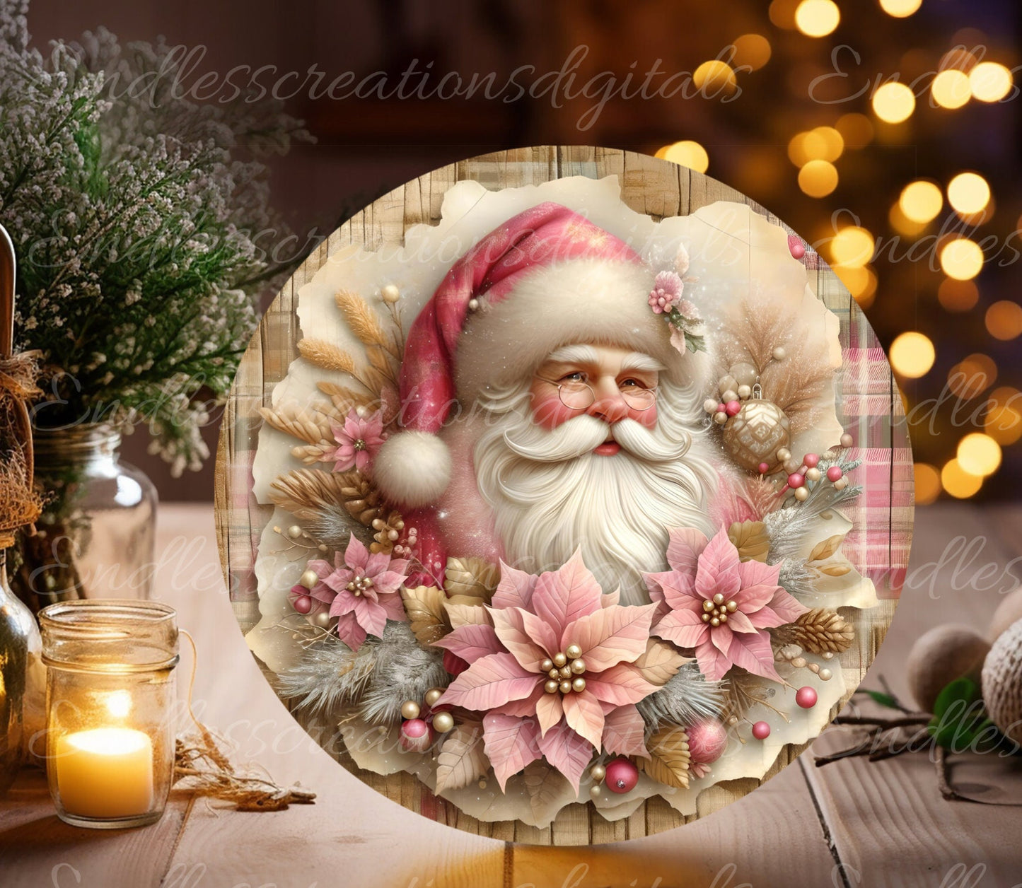 PINK SANTA DOOR hanger, wreath sign, round cutting board png, tree ornament for sublimation high resolution,