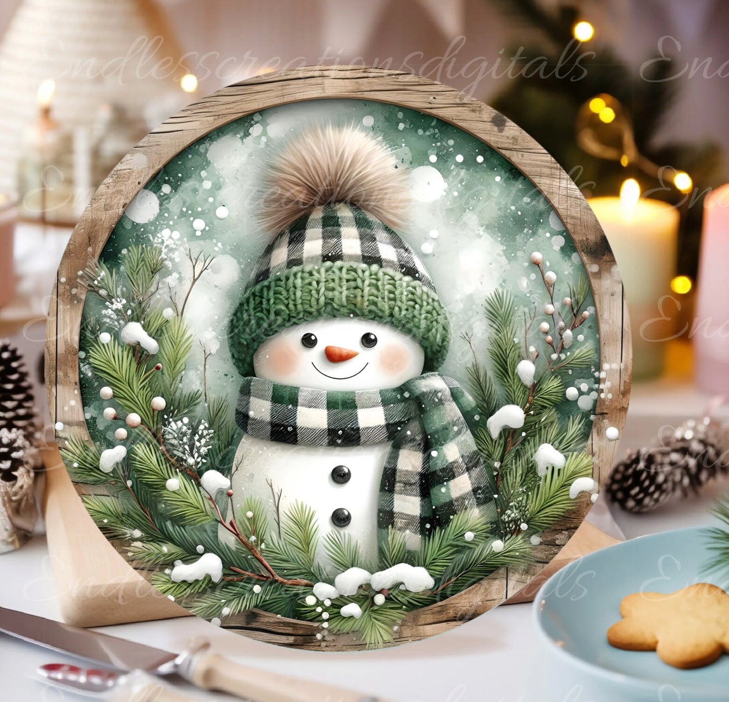 RUSTIC PLAID SNOWMAN door hanger, wreath sign, round cutting board, tree ornament etc. png,  for sublimation high resolution,