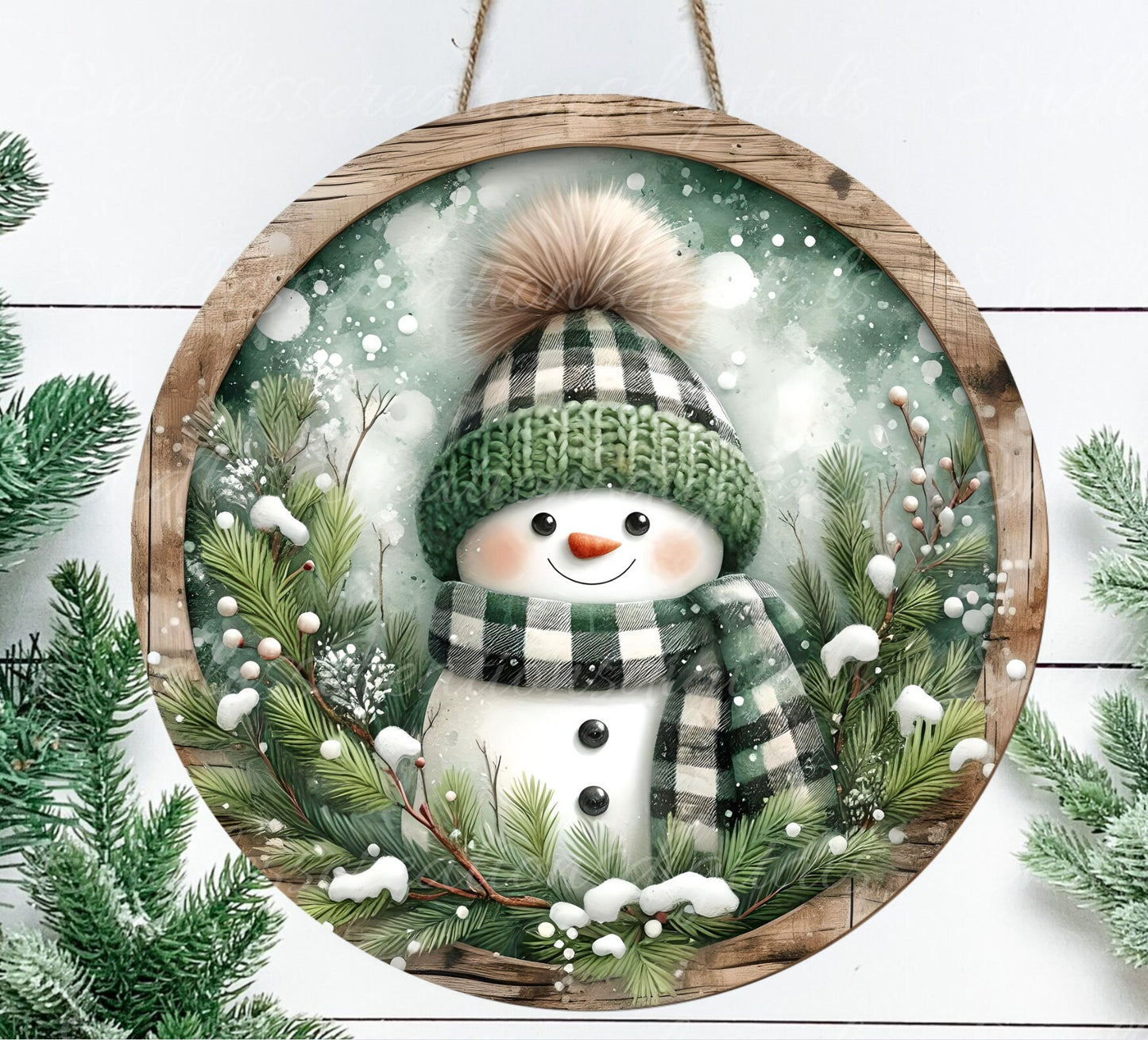 RUSTIC PLAID SNOWMAN door hanger, wreath sign, round cutting board, tree ornament etc. png,  for sublimation high resolution,