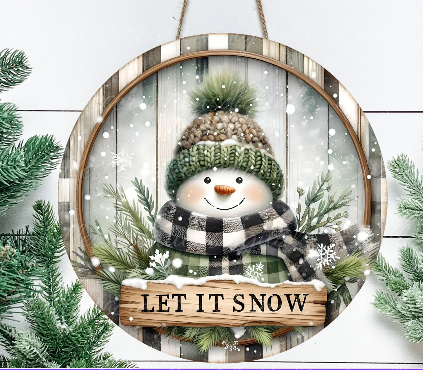 RUSTIC LET IT Snow door hanger, wreath sign, round cutting board, tree ornament etc. png,  for sublimation high resolution, 2 files, 1 blank