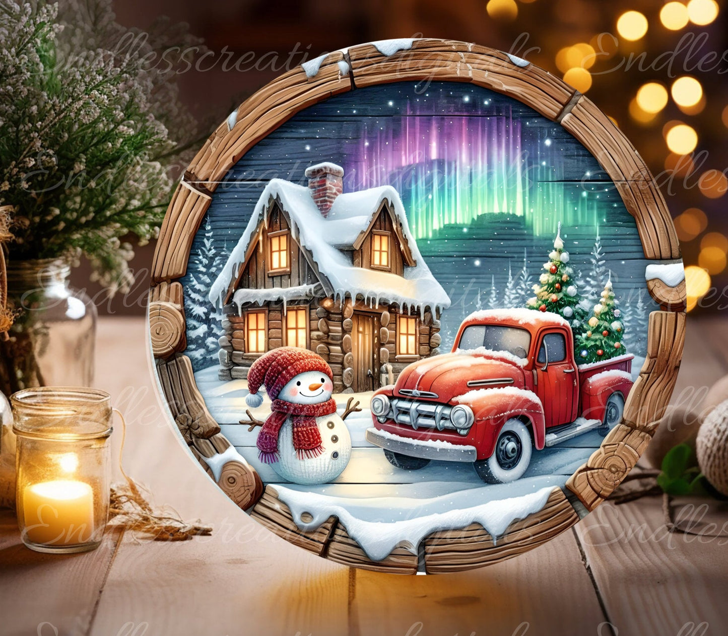 WINTER RED TRUCK round door hanger, wreath sign, round cutting board, coasters etc for sublimation high resolution 300 dpi