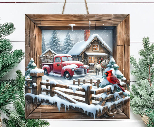 WINTER RED TRUCK square door hanger, wreath sign, square cutting board, coasters etc for sublimation high resolution 300 dpi