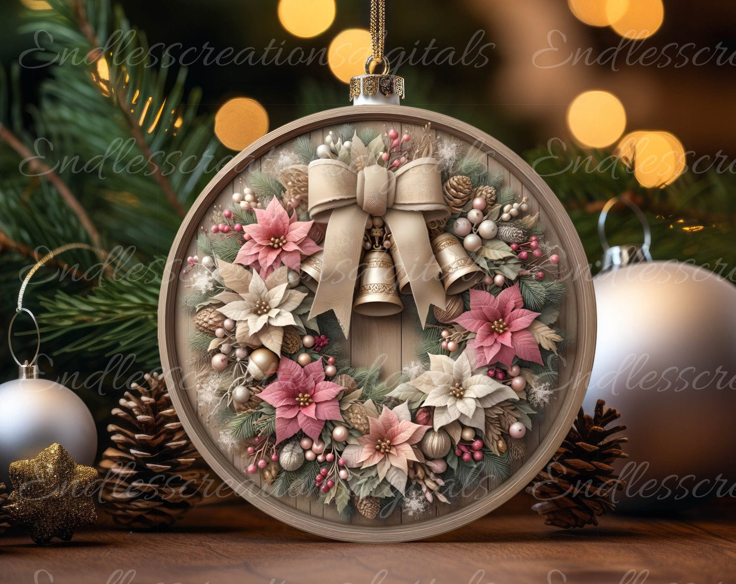 FRAMED PINK WREATH round door hanger, wreath sign, round cutting board, tree ornament etc for sublimation high resolution 300 dpi