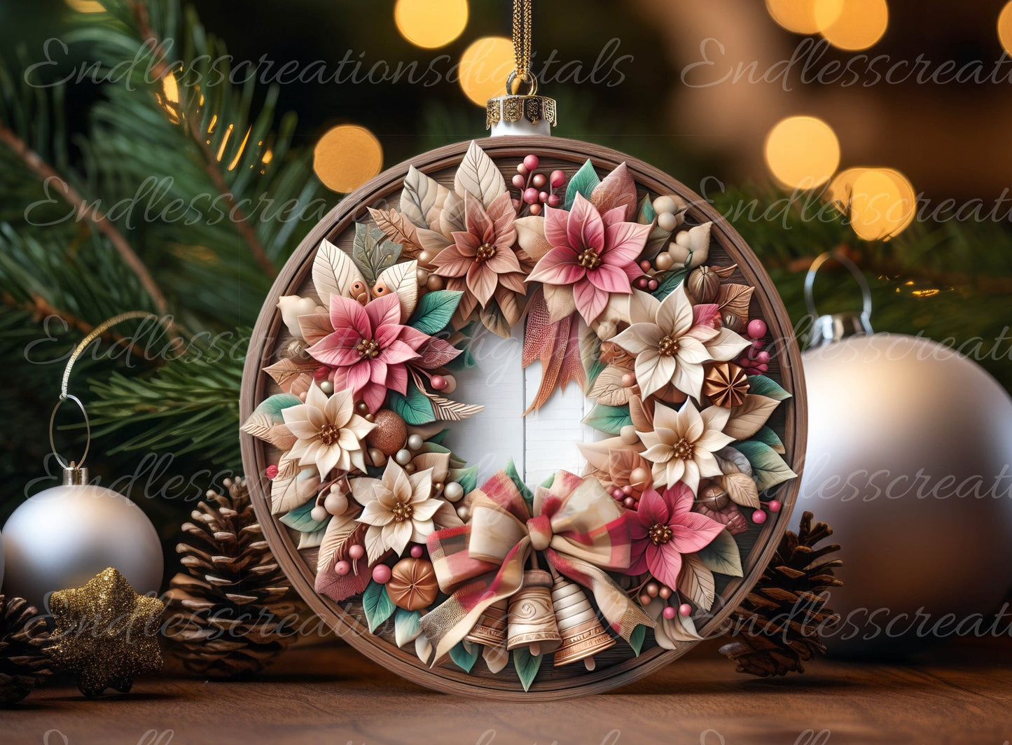 FRAMED PINK WREATH round door hanger, wreath sign, round cutting board, tree ornament etc for sublimation high resolution 300 dpi