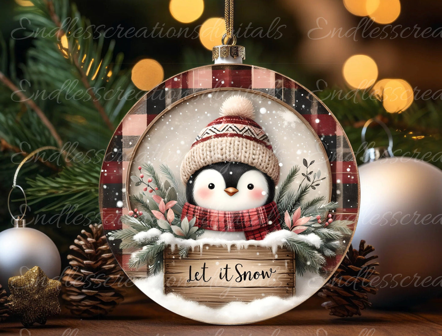 WINTER PENGUIN ROUND door hanger, wreath sign, square cutting board, coaster png,  for sublimation high resolution, 2 files, 1 blank