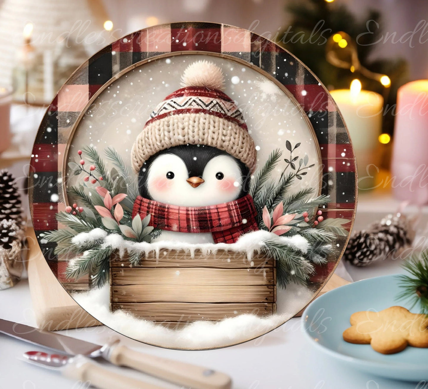 WINTER PENGUIN ROUND door hanger, wreath sign, square cutting board, coaster png,  for sublimation high resolution, 2 files, 1 blank