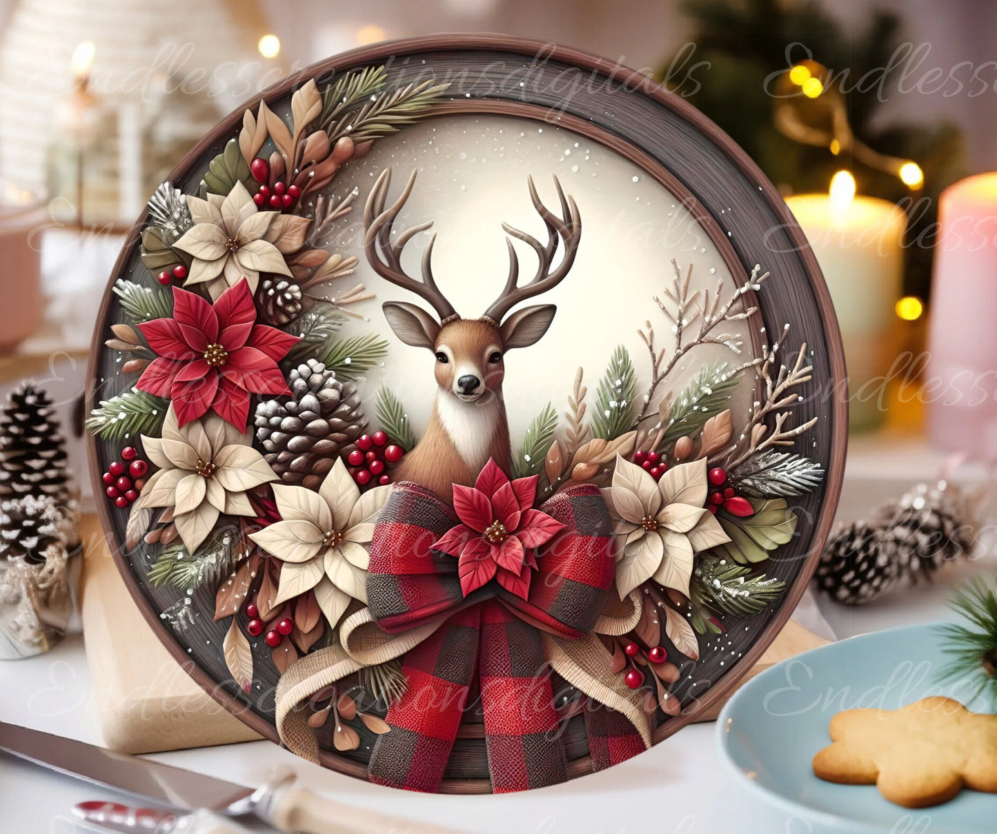 FRAMED DEER WREATH round door hanger, wreath sign, round cutting board, tree ornament etc for sublimation high resolution 300 dpi