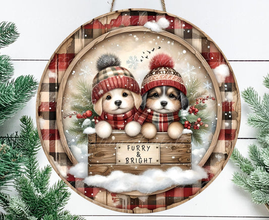 WINTER PUPPIES ROUND door hanger, wreath sign, round cutting board, coaster, ornament  for sublimation high resolution, 2 files, 1 blank