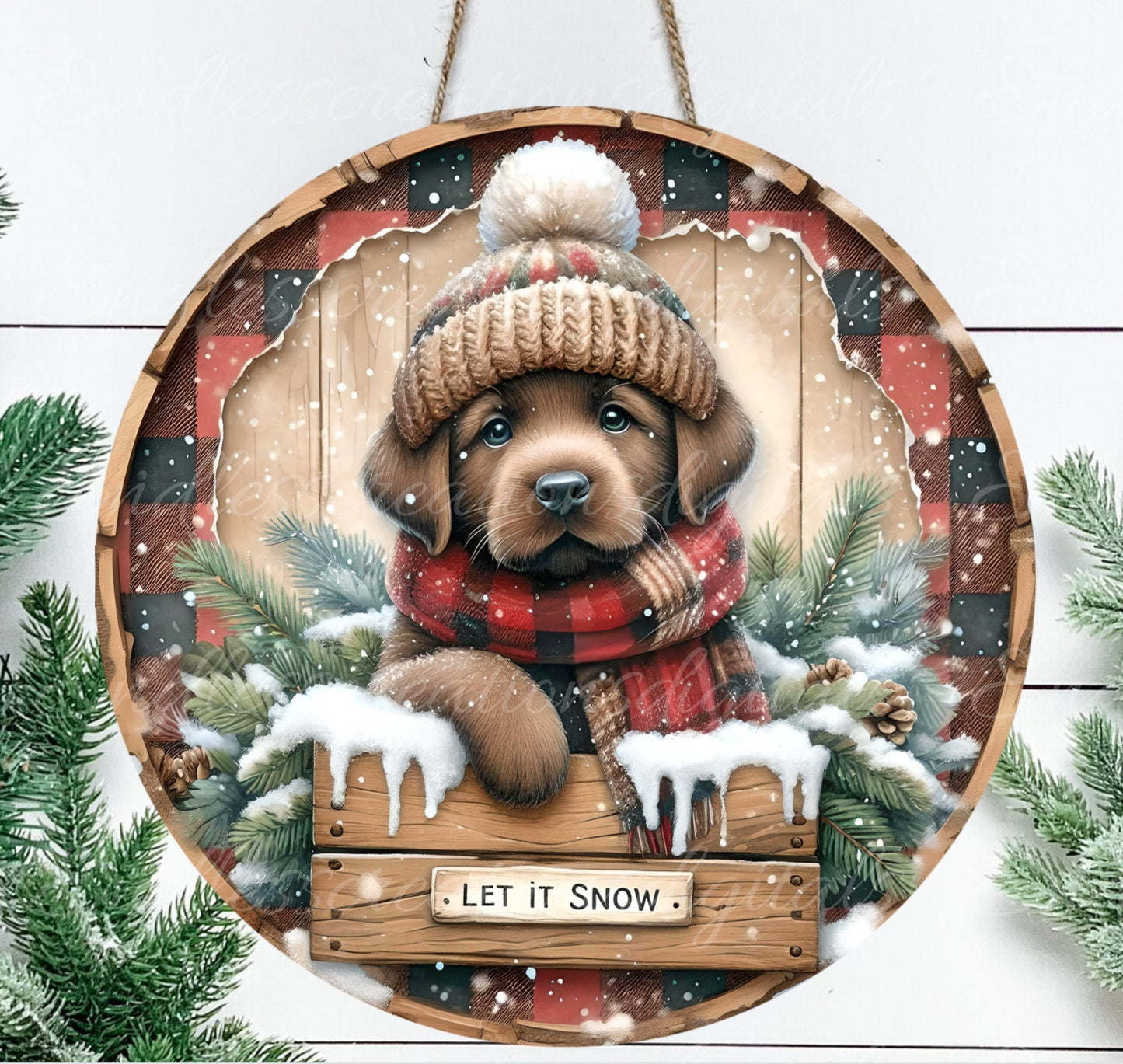 WINTER LAB PUPPY round door hanger, wreath sign, round cutting board, coaster, ornament  for sublimation high resolution, 2 files, 1 blank