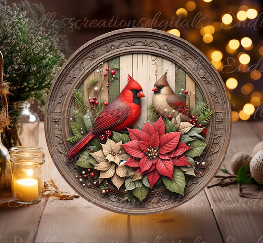 WINTER CARDINALS ROUND cutting board, wreath sign, ornament, door hanger etc. 300 dpi png, for sublimation