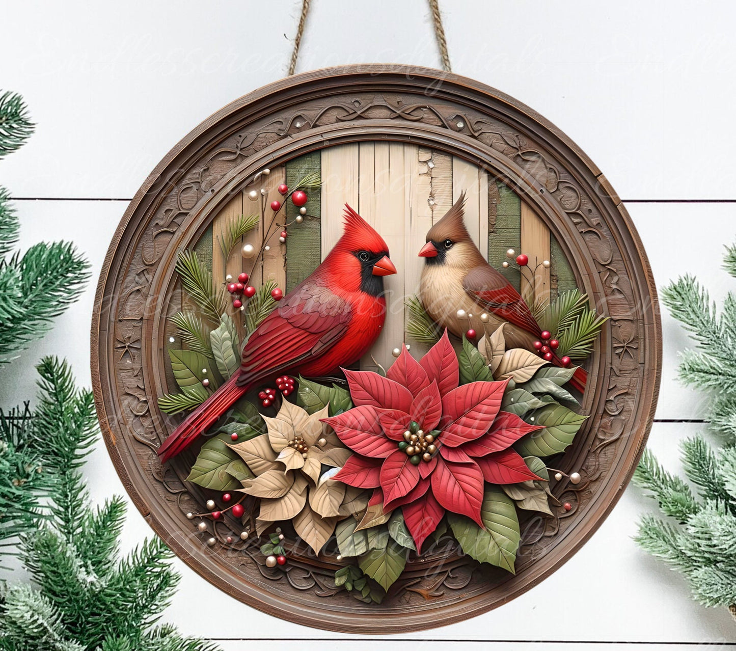 WINTER CARDINALS ROUND cutting board, wreath sign, ornament, door hanger etc. 300 dpi png, for sublimation