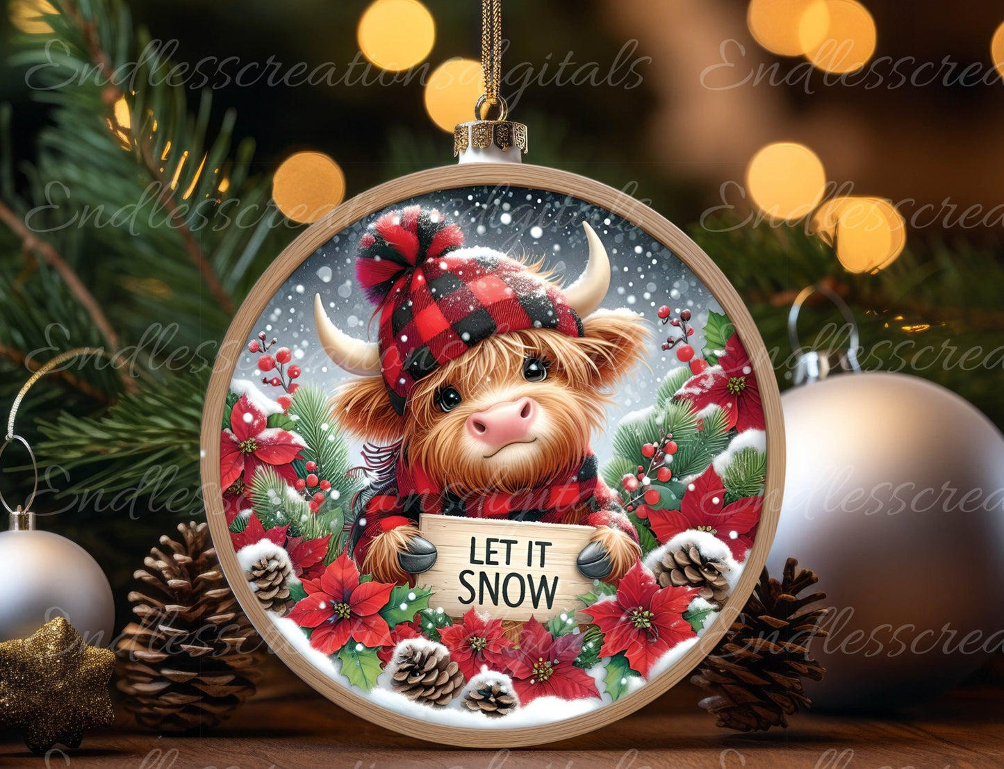 SNOWY HIGHLAND COW door hanger, wreath sign, round cutting board, for sublimation high resolution 2 files for download 1 add your own text