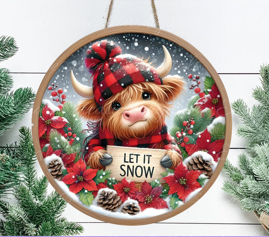 SNOWY HIGHLAND COW door hanger, wreath sign, round cutting board, for sublimation high resolution 2 files for download 1 add your own text