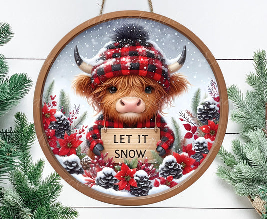 SNOWY HIGHLAND COW door hanger, wreath sign, round cutting board, for sublimation high resolution 2 files for download 1 add your own text