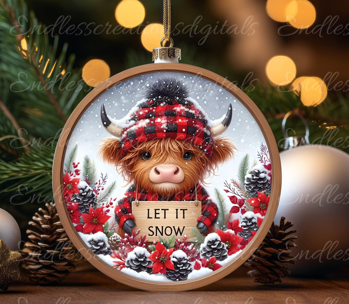 SNOWY HIGHLAND COW door hanger, wreath sign, round cutting board, for sublimation high resolution 2 files for download 1 add your own text