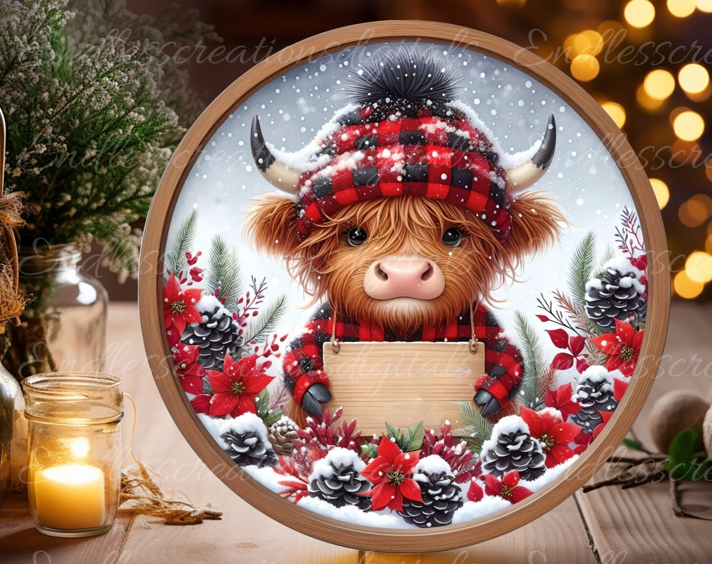 SNOWY HIGHLAND COW door hanger, wreath sign, round cutting board, for sublimation high resolution 2 files for download 1 add your own text