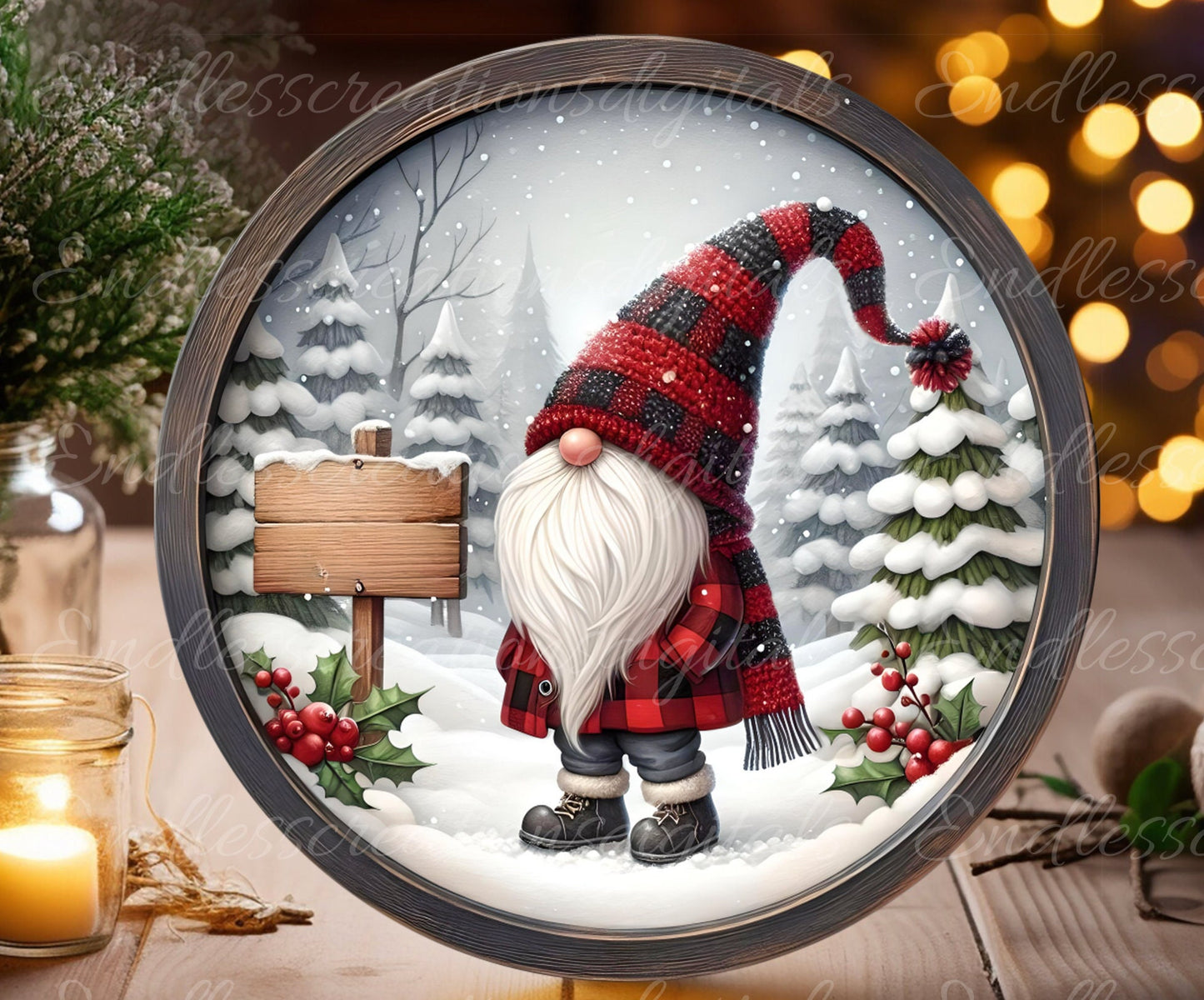 WINTER WONDERLAND GNOME door hanger, wreath sign, cutting board, for sublimation high resolution 2 files for download 1 add your own text