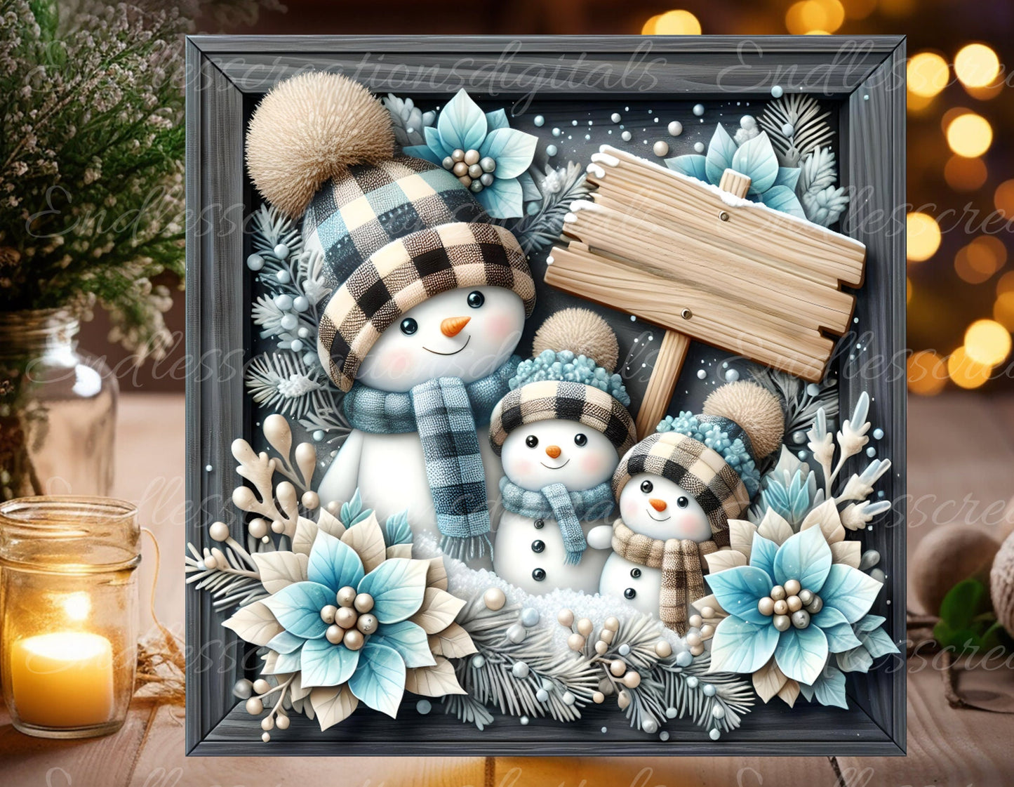 SNOWMAN FAMILY SQUARE door hanger, wreath sign, coasters, for sublimation high resolution 2 files for download 1 add your own text