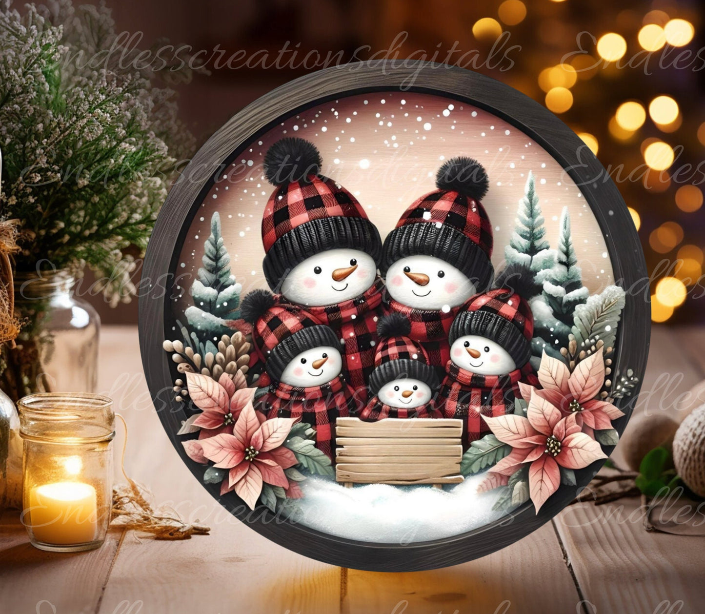 SNOWMAN FAMILY of 5 DOOR hanger, wreath sign, ornament, cutting board for sublimation high resolution 2 files, 1 add your own text