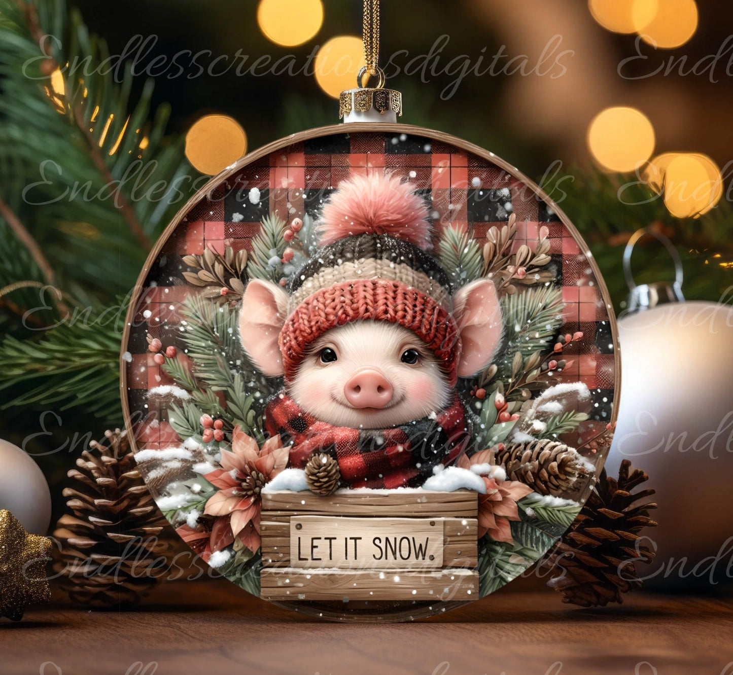 WINTER PIG ROUND door hanger, wreath sign, round cutting board, coaster, ornament  for sublimation high resolution, 2 files, 1 blank