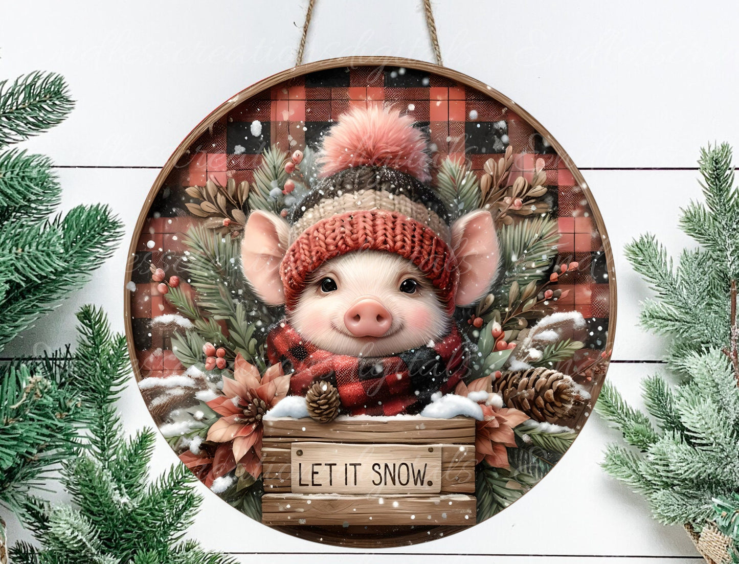 WINTER PIG ROUND door hanger, wreath sign, round cutting board, coaster, ornament  for sublimation high resolution, 2 files, 1 blank