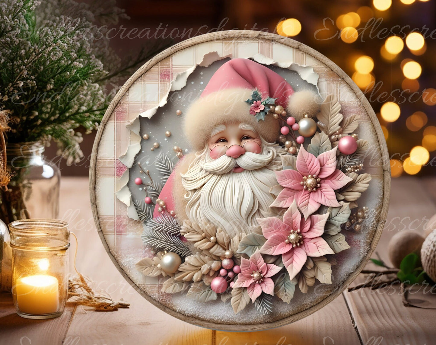 PINK SANTA DOOR hanger, wreath sign, round cutting board png, tree ornament for sublimation high resolution, can be resized